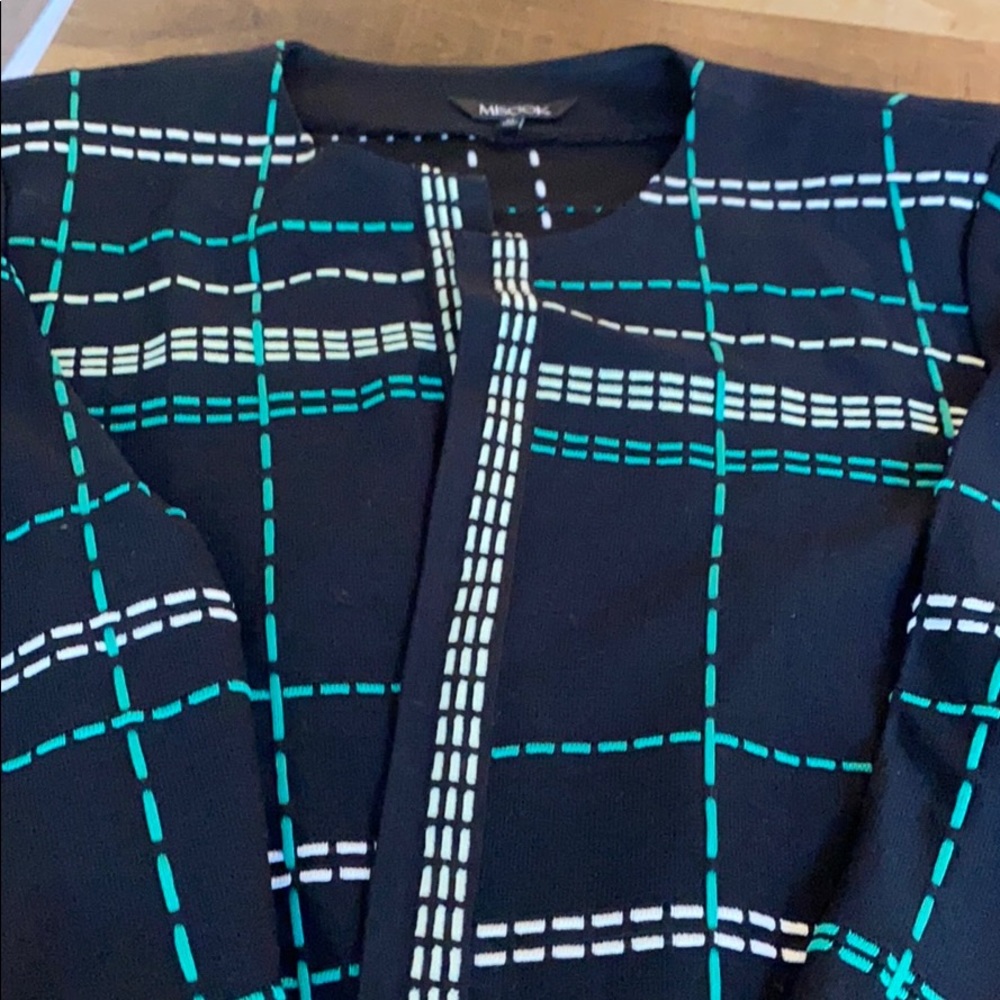 Misook black cardigan/jacket w/green & white